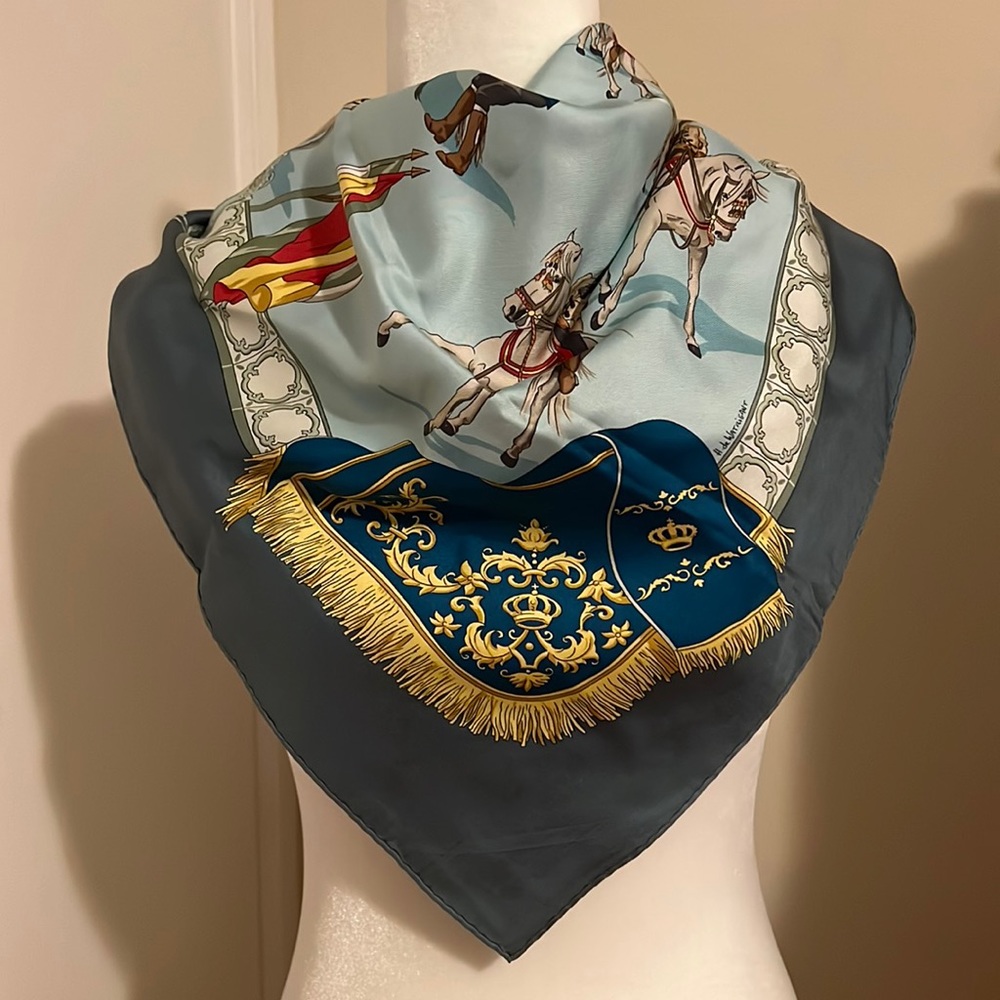 Hermes 90cm 90 Escuela Andalusia Silk Scarf Blue & Teal Equestre Equestr… - Picture 15 of 16